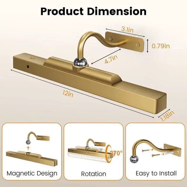 Alt view image 6 of 7 - Gallery Lights for Wall 3 Pack, 12" Rechargeable Picture Lights, Cordless Remote Dimmable LED for Portrait Hallway Decor (Antique Gold)