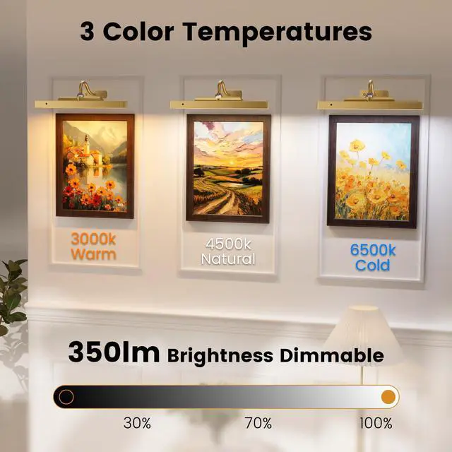 Alt view image 2 of 7 - Gallery Lights for Wall 3 Pack, 12" Rechargeable Picture Lights, Cordless Remote Dimmable LED for Portrait Hallway Decor (Antique Gold)