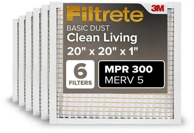 Main image of 20x20x1 Air Filter MERV 5, 6-Pack AC Furnace HVAC, MPR 300 Basic Dust Defense, Pleated Electrostatic, Removes Lint