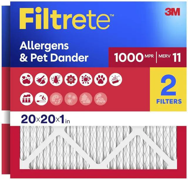 Main image of 20x20x1 Air Filter, MERV 11, MPR 1000, Allergens & Pet Dander, 3-Month AC and Furnace Filters, Cleaner Air, Reliable Airflow, 2 HVAC Filters (Actual Size 19.68 x 19.68 x 0.81 in)