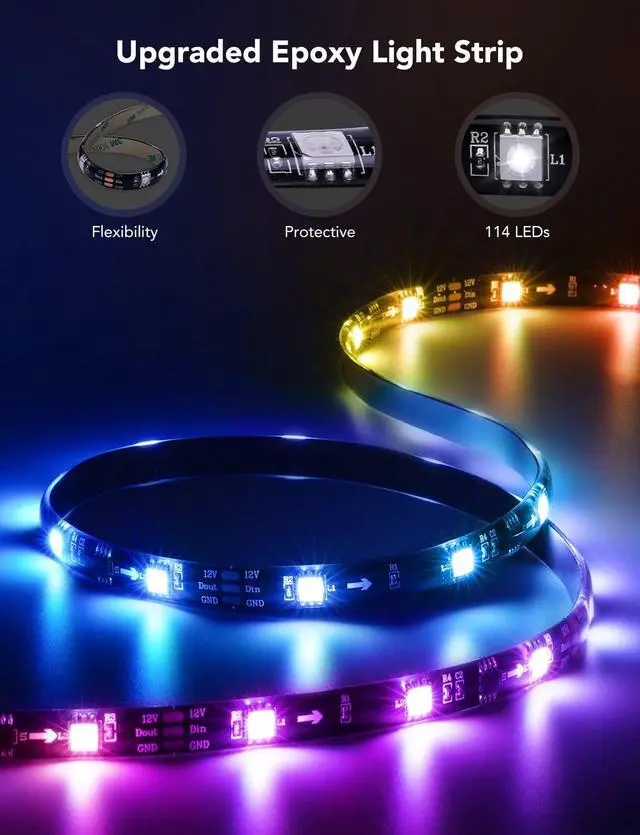 Alt view image 7 of 7 - TV LED Backlight, RGBIC Smart LED Strip Lights for 55-65 inch TVs | 99+ Scene Modes, Music Sync, Bluetooth and Wi-Fi APP Control, Works with Alexa & Google Assistant, Adapter, 12.5ft/114 LEDs