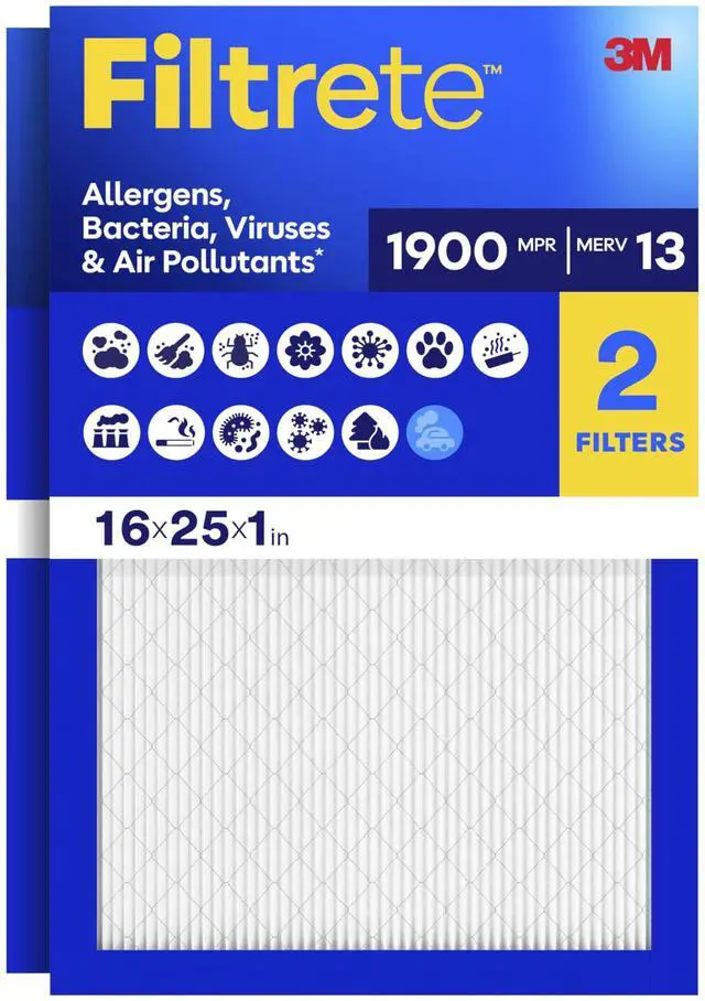 Main image of 16x25x1 Air Filter, MERV 13 MPR 1900, Allergens, Bacteria, Viruses & Air Pollutants, 3-Month AC/Furnace Filters, Cleaner Air Reliable Airflow, 2 HVAC Filters(Act Size 15.62x24.62x0.78 in)