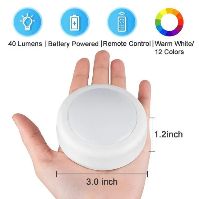 Alt view image 3 of 7 - LED Puck Lights with Remote Control, Wireless Under Cabinet & Closet Lighting, RGB 13 Color Changing Lights with Dimmer, Timer & AA Battery Operated, Push, Touch, Stick on for Night, White, 6 Pack