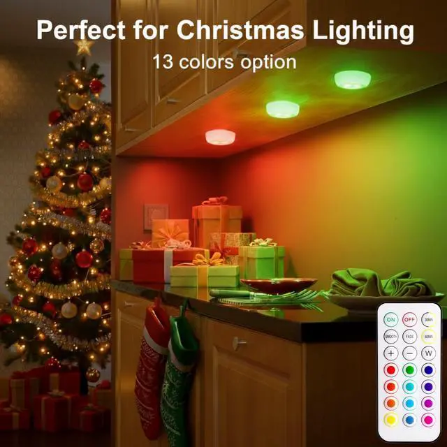 Alt view image 2 of 7 - LED Puck Lights with Remote Control, Wireless Under Cabinet & Closet Lighting, RGB 13 Color Changing Lights with Dimmer, Timer & AA Battery Operated, Push, Touch, Stick on for Night, White, 6 Pack