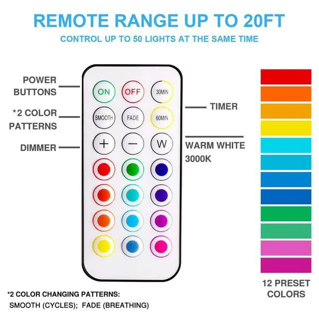 Alt view image 4 of 7 - LED Puck Lights with Remote Control, Wireless Under Cabinet & Closet Lighting, RGB 13 Color Changing Lights with Dimmer, Timer & AA Battery Operated, Push, Touch, Stick on for Night, White, 6 Pack