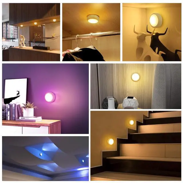 Alt view image 6 of 7 - LED Puck Lights with Remote Control, Wireless Under Cabinet & Closet Lighting, RGB 13 Color Changing Lights with Dimmer, Timer & AA Battery Operated, Push, Touch, Stick on for Night, White, 6 Pack