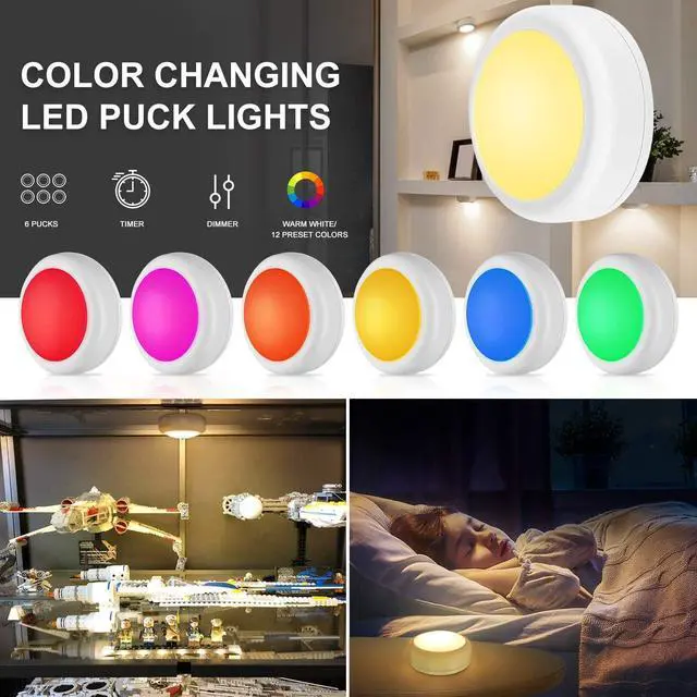 Alt view image 7 of 7 - LED Puck Lights with Remote Control, Wireless Under Cabinet & Closet Lighting, RGB 13 Color Changing Lights with Dimmer, Timer & AA Battery Operated, Push, Touch, Stick on for Night, White, 6 Pack