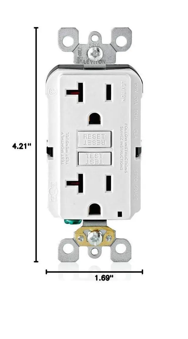 Alt view image 2 of 2 - GFCI Outlet, 20 Amp, Self Test, Non Tamper-Resistant with LED Indicator Light, Protection from Electric Shock and Electrocution, GFNT2-W, White