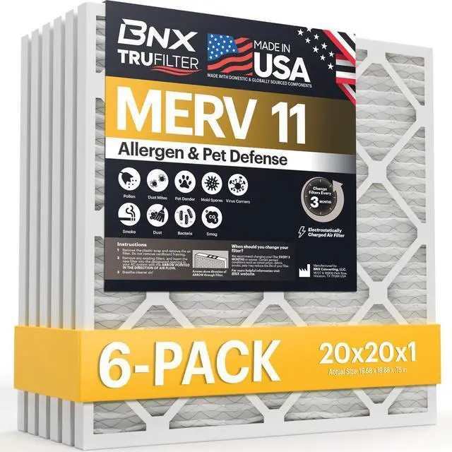 Main image of TruFilter 20x20x1 Air Filter MERV 11 (6-Pack) - MADE IN USA - Allergen Defense Electrostatic Pleated Air Conditioner HVAC AC Furnace Filters for Allergies, Dust, Pet, Smoke, Allergy MPR 1200 FPR 7