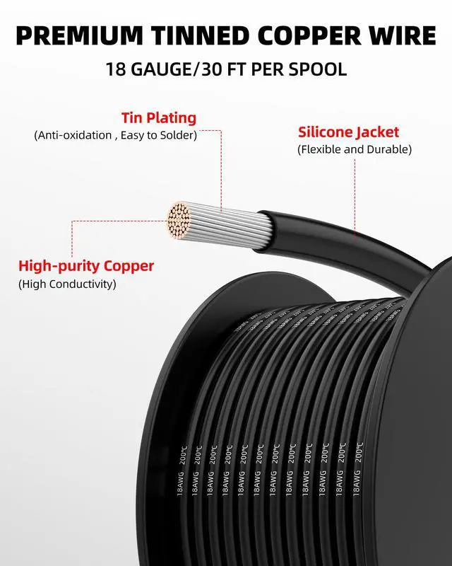 Alt view image 2 of 7 - 18 Gauge Wire, Tinned Copper Silicone 18 AWG Automotive Wire, 180FT | 200°C, High Conductivity, Flexible 18 AWG Stranded Wire, 18 AWG Wire for Automotive, LED, DIY, Circuit (6 Colors 30ft/Spool)