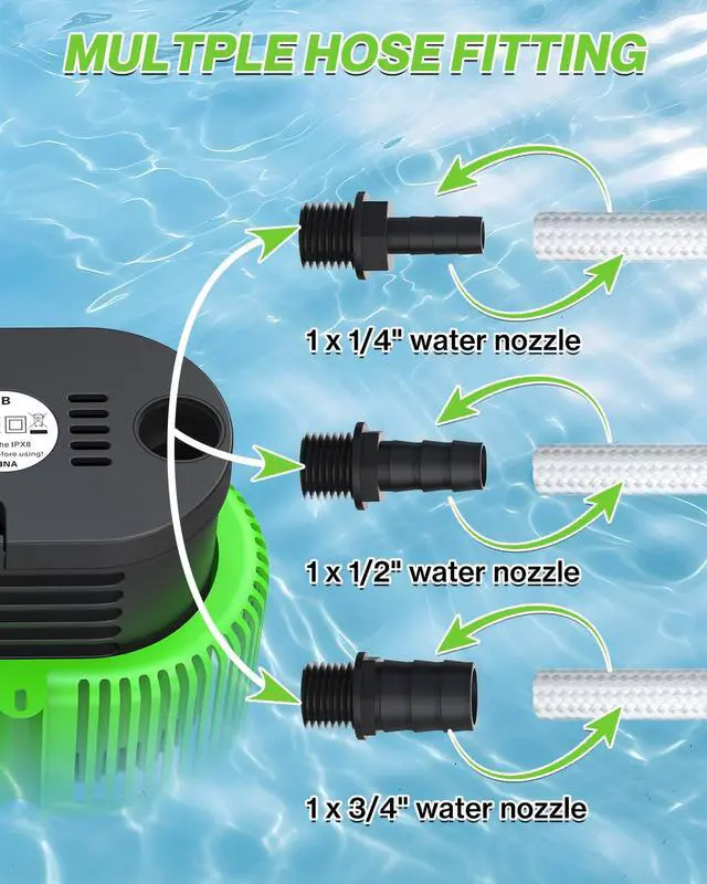 Alt view image 2 of 7 - 850GPH Pool Cover Pump, Submersible Sump Pump above Ground | 16FT Drain Hose, 25FT Power Cord, 3 Adapters, Compact Design, Fast Water Removal for Pool Covers and Above Ground Pools
