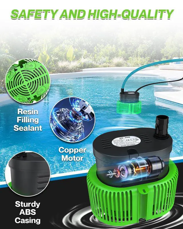 Alt view image 5 of 7 - 850GPH Pool Cover Pump, Submersible Sump Pump above Ground | 16FT Drain Hose, 25FT Power Cord, 3 Adapters, Compact Design, Fast Water Removal for Pool Covers and Above Ground Pools