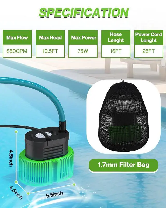 Alt view image 6 of 7 - 850GPH Pool Cover Pump, Submersible Sump Pump above Ground | 16FT Drain Hose, 25FT Power Cord, 3 Adapters, Compact Design, Fast Water Removal for Pool Covers and Above Ground Pools