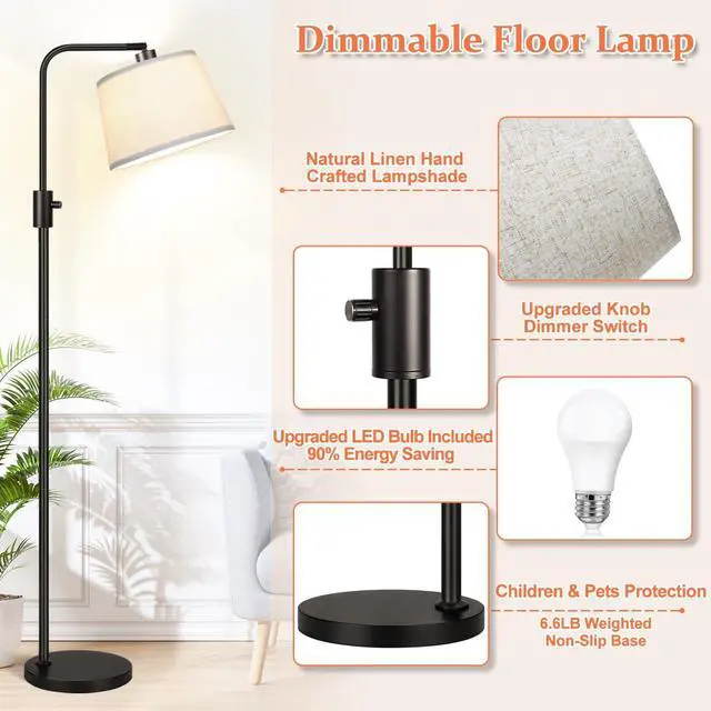 Alt view image 5 of 7 - Upgraded Dimmable Floor Lamp, 1000 Lumens LED Edison Bulb Included, Arc Floor Lamps for Living Room Modern Standing Lamp with Linen Shade, Tall Lamp for Bedroom Office Dining Room- Black