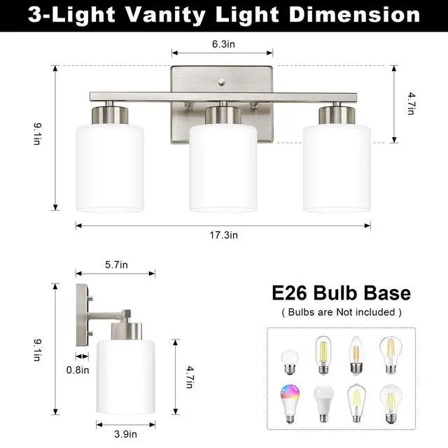 Alt view image 2 of 7 - Brushed Nickel Bathroom Light Fixtures Vanity Lights Over Mirror | Modern 3-Light lighting fixtures for bathroom with Milky White Frosted Glass Shades, E26 Socket (Bulbs Not Included)