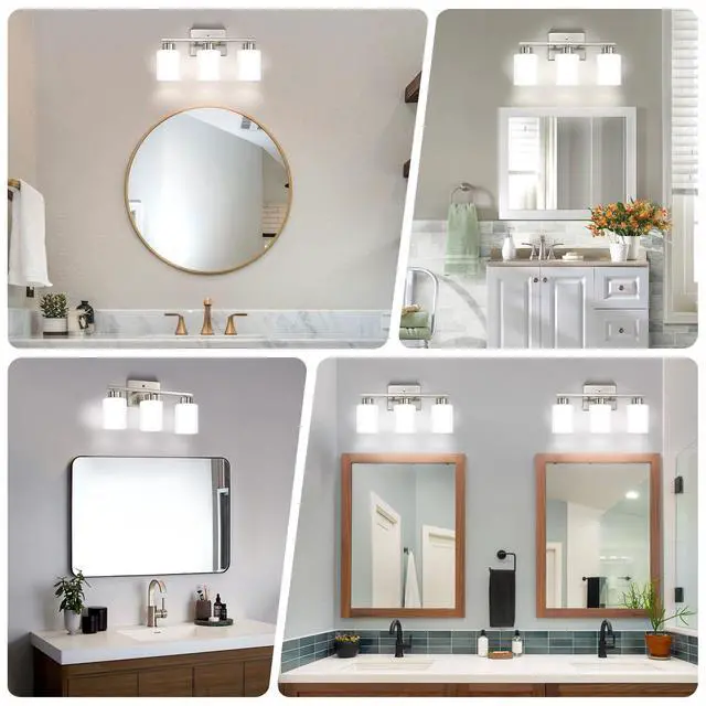 Alt view image 3 of 7 - Brushed Nickel Bathroom Light Fixtures Vanity Lights Over Mirror | Modern 3-Light lighting fixtures for bathroom with Milky White Frosted Glass Shades, E26 Socket (Bulbs Not Included)