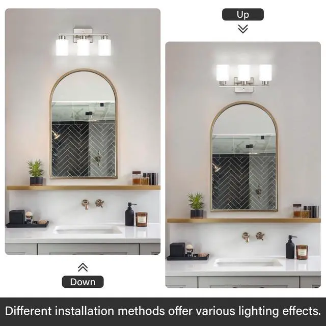 Alt view image 4 of 7 - Brushed Nickel Bathroom Light Fixtures Vanity Lights Over Mirror | Modern 3-Light lighting fixtures for bathroom with Milky White Frosted Glass Shades, E26 Socket (Bulbs Not Included)