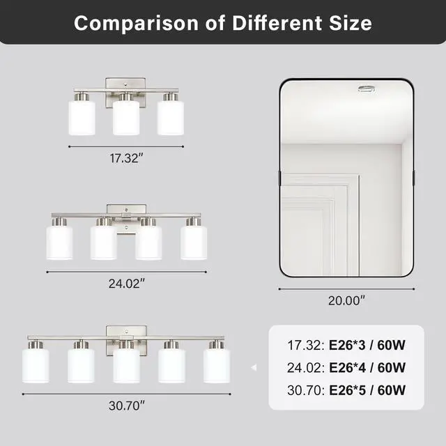 Alt view image 5 of 7 - Brushed Nickel Bathroom Light Fixtures Vanity Lights Over Mirror | Modern 3-Light lighting fixtures for bathroom with Milky White Frosted Glass Shades, E26 Socket (Bulbs Not Included)