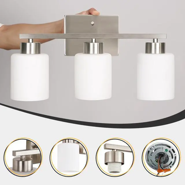 Alt view image 7 of 7 - Brushed Nickel Bathroom Light Fixtures Vanity Lights Over Mirror | Modern 3-Light lighting fixtures for bathroom with Milky White Frosted Glass Shades, E26 Socket (Bulbs Not Included)