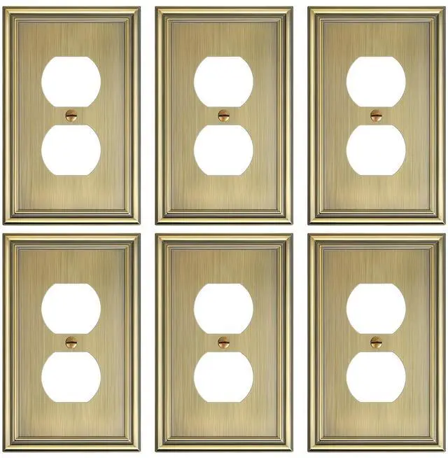 Main image of 6-Pack Zinc Alloy Single Duplex Outlet Cover Plate, Solid Receptacle Cover | Decorative Switch Plates and Outlet Covers, Wall Plates for Electrical Outlets, Corrosion Resistant, Antique Brass