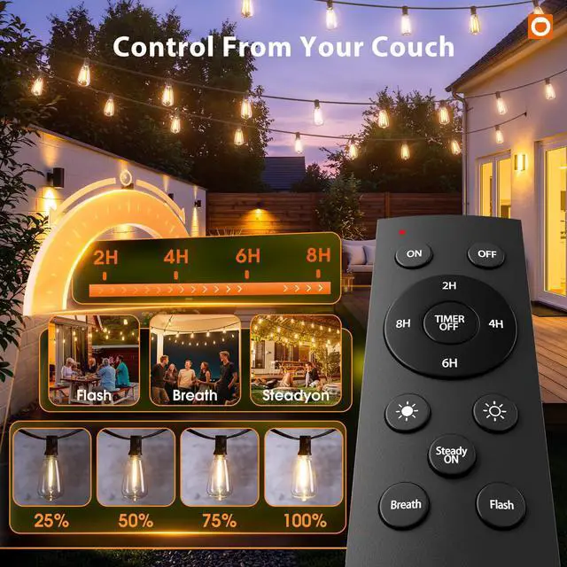 Alt view image 2 of 7 - 200(50FT*4) Outdoor String Lights with Remote LED Edison Waterproof | Plastic ST38 Shatterproof Bulbs, Extra Long Lighting, Hanging for Patio Outside Backyard Pergola Bistro Porch Garden Party