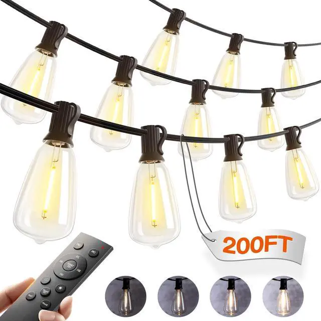 Main image of 200(50FT*4) Outdoor String Lights with Remote LED Edison Waterproof | Plastic ST38 Shatterproof Bulbs, Extra Long Lighting, Hanging for Patio Outside Backyard Pergola Bistro Porch Garden Party