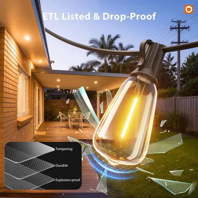 Alt view image 4 of 7 - 200(50FT*4) Outdoor String Lights with Remote LED Edison Waterproof | Plastic ST38 Shatterproof Bulbs, Extra Long Lighting, Hanging for Patio Outside Backyard Pergola Bistro Porch Garden Party