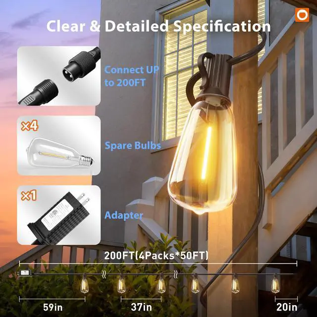 Alt view image 5 of 7 - 200(50FT*4) Outdoor String Lights with Remote LED Edison Waterproof | Plastic ST38 Shatterproof Bulbs, Extra Long Lighting, Hanging for Patio Outside Backyard Pergola Bistro Porch Garden Party