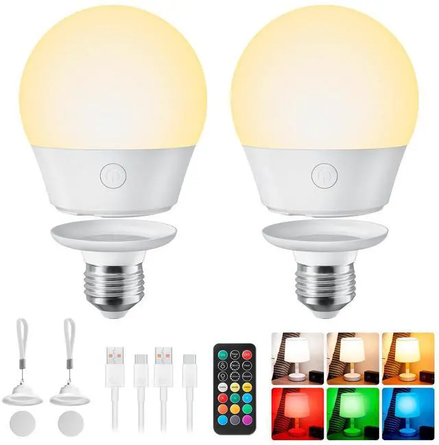 Main image of E26 Rechargeable Light Bulb with Remote and Timer | Magnetic Base, Battery Backup Bulb for Sconce, Lamps and Non-Hardwired Fixtures, 3 Color Temperatures + 9 RGB Colors, 2 Pack