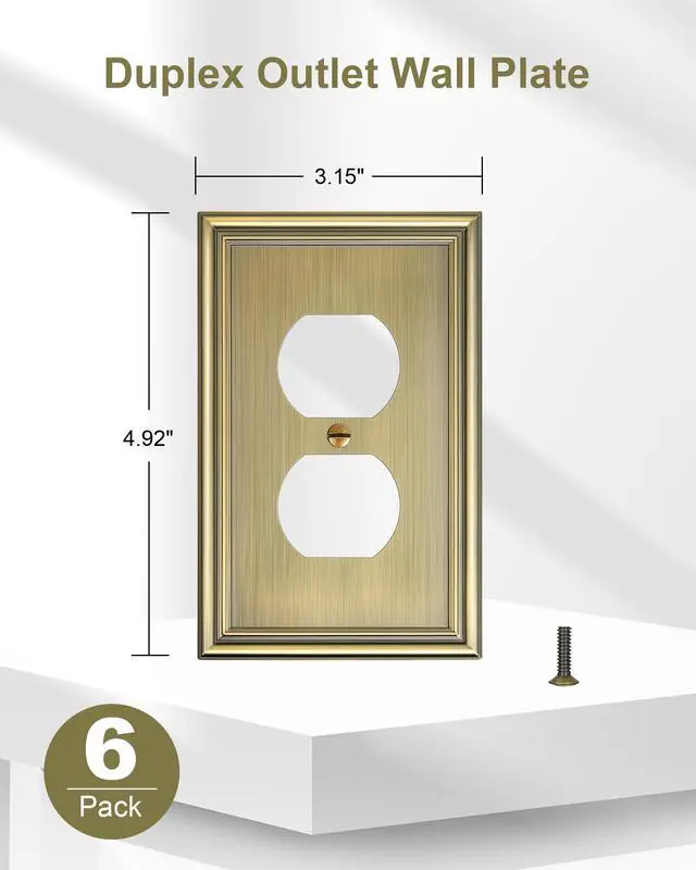 Alt view image 2 of 7 - 6-Pack Zinc Alloy Single Duplex Outlet Cover Plate, Solid Receptacle Cover | Decorative Switch Plates and Outlet Covers, Wall Plates for Electrical Outlets, Corrosion Resistant, Antique Brass