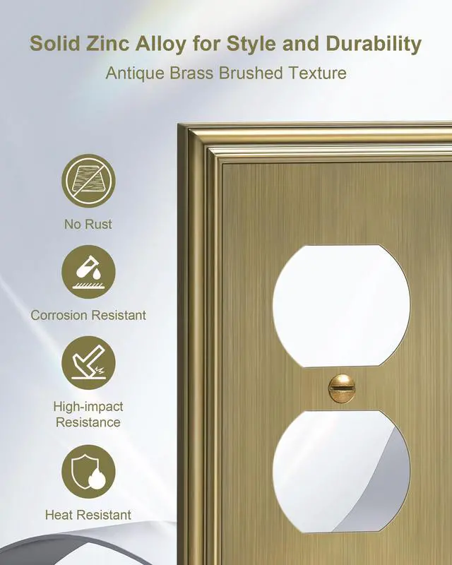 Alt view image 3 of 7 - 6-Pack Zinc Alloy Single Duplex Outlet Cover Plate, Solid Receptacle Cover | Decorative Switch Plates and Outlet Covers, Wall Plates for Electrical Outlets, Corrosion Resistant, Antique Brass