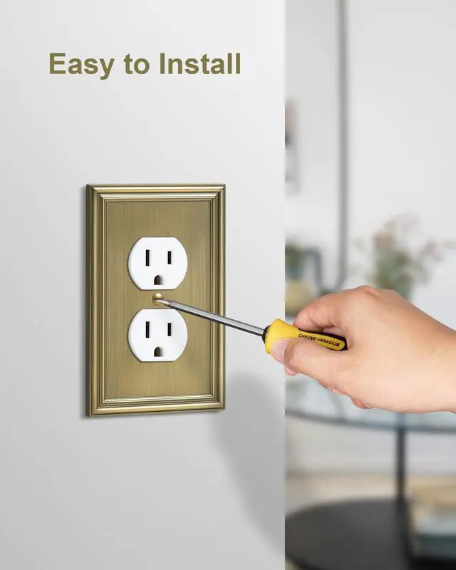 Alt view image 5 of 7 - 6-Pack Zinc Alloy Single Duplex Outlet Cover Plate, Solid Receptacle Cover | Decorative Switch Plates and Outlet Covers, Wall Plates for Electrical Outlets, Corrosion Resistant, Antique Brass