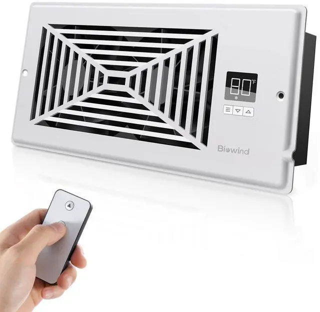 Main image of Quiet Smart Register Booster Fan Fits 4" x 10" Vent Opening, White | Smart Heating Cooling AC Vent Fan, Temp-Based Auto On/Off, 10-Speed Remote, Thermostat Control, Power-Off Memory