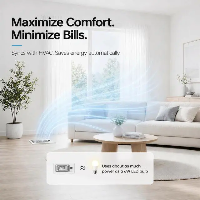 Alt view image 6 of 7 - Quiet Smart Register Booster Fan Fits 4" x 10" Vent Opening, White | Smart Heating Cooling AC Vent Fan, Temp-Based Auto On/Off, 10-Speed Remote, Thermostat Control, Power-Off Memory