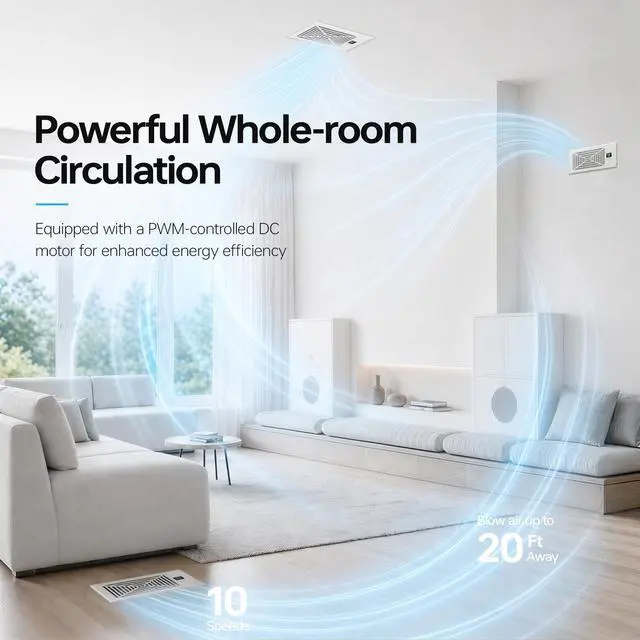 Alt view image 7 of 7 - Quiet Smart Register Booster Fan Fits 4" x 10" Vent Opening, White | Smart Heating Cooling AC Vent Fan, Temp-Based Auto On/Off, 10-Speed Remote, Thermostat Control, Power-Off Memory