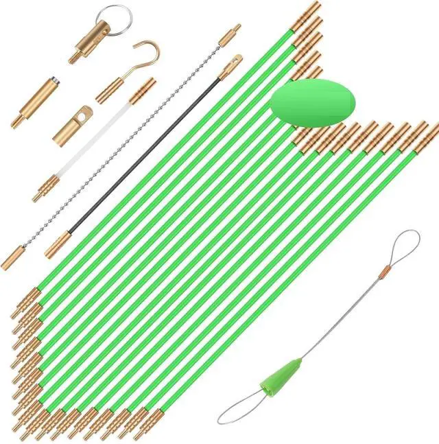 Main image of 45FT Fiberglass Running Electrical Wire Cable Glow Rods Wire Pulling, Fish Rods Electrical Kit with 8 Different Attachments and Fish Tape Wire Puller Kit