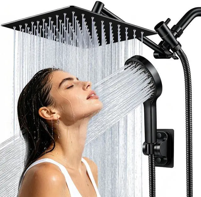 Main image of Shower Head, 8 inch Multifunction High Pressure Rain Shower Head with Handheld Spray Combo with 11'' Angle Adjustable Extension Arm/Flow Regulator/Shower System Matte Black