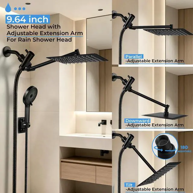 Alt view image 3 of 7 - Shower Head, 8 inch Multifunction High Pressure Rain Shower Head with Handheld Spray Combo with 11'' Angle Adjustable Extension Arm/Flow Regulator/Shower System Matte Black