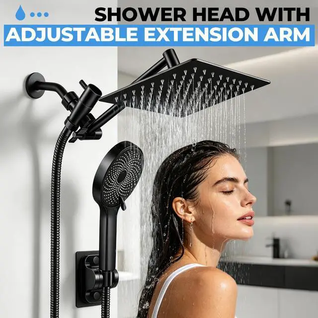 Alt view image 2 of 7 - Shower Head, 8 inch Multifunction High Pressure Rain Shower Head with Handheld Spray Combo with 11'' Angle Adjustable Extension Arm/Flow Regulator/Shower System Matte Black