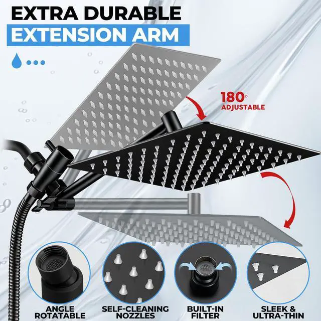 Alt view image 4 of 7 - Shower Head, 8 inch Multifunction High Pressure Rain Shower Head with Handheld Spray Combo with 11'' Angle Adjustable Extension Arm/Flow Regulator/Shower System Matte Black