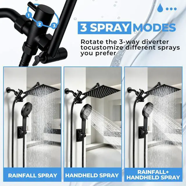 Alt view image 5 of 7 - Shower Head, 8 inch Multifunction High Pressure Rain Shower Head with Handheld Spray Combo with 11'' Angle Adjustable Extension Arm/Flow Regulator/Shower System Matte Black