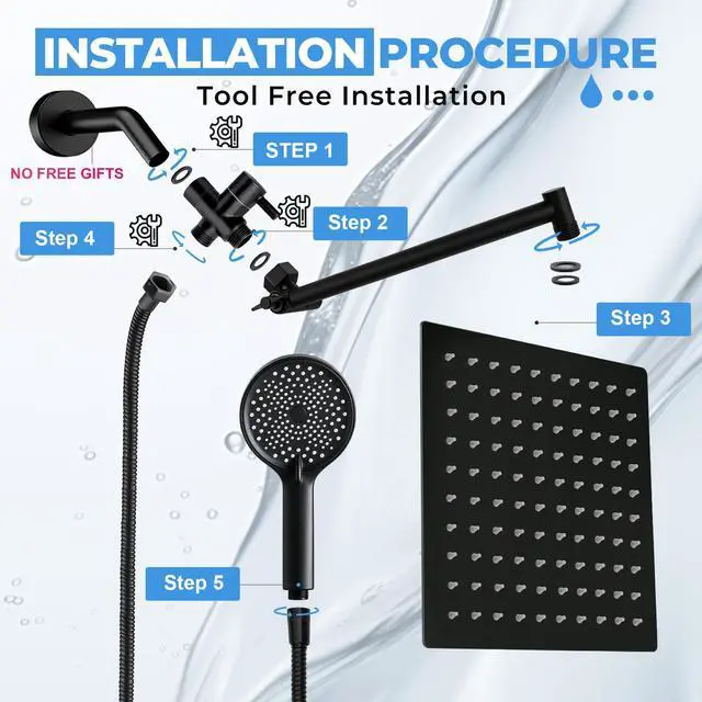Alt view image 7 of 7 - Shower Head, 8 inch Multifunction High Pressure Rain Shower Head with Handheld Spray Combo with 11'' Angle Adjustable Extension Arm/Flow Regulator/Shower System Matte Black