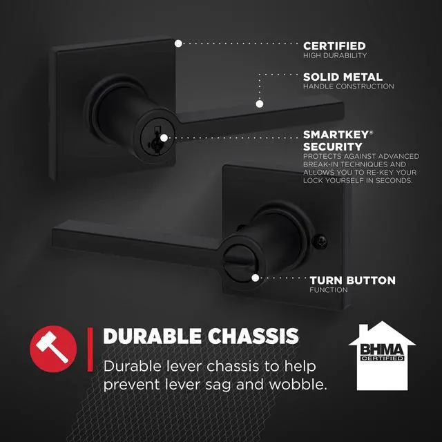 Alt view image 7 of 7 - Casey Entry Door Handle with Lock and Key, Secure Keyed Reversible Lever Exterior, For Front Entrance and Bedrooms, Matte Black, Pick Resistant Smartkey Rekey Security and Microban
