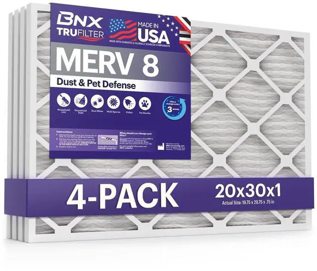 Main image of TruFilter 20x30x1 Air Filter MERV 8 (4-Pack) - MADE IN USA Dust & Pet Defense Electrostatic Pleated Air Conditioner HVAC AC Furnace Filters for Dust, Pet, Mold, Pollen MPR 600 700 & FPR 5