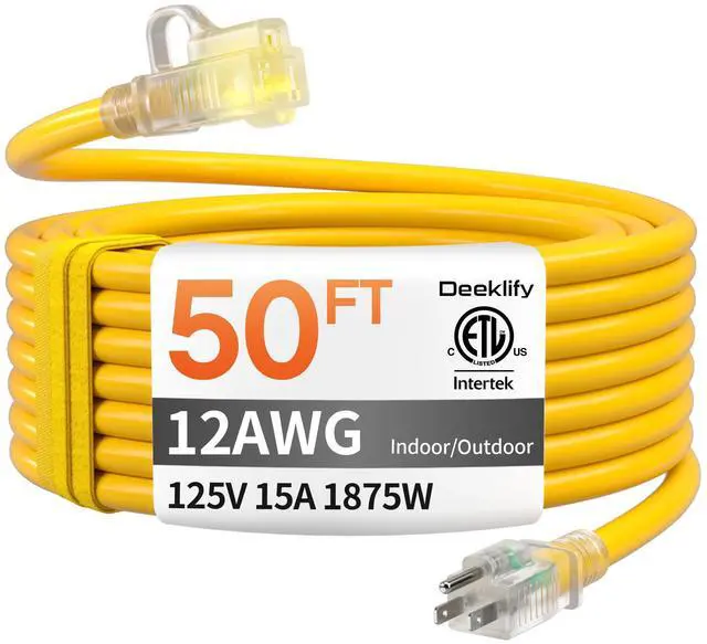 Main image of 12 Gauge 50 FT Heavy Duty Outdoor Extension Cord Waterproof Yellow | Waterproof with Lighted End, Flexible and Cold Resistant, 3 Prong Extension Cord Yellow, 15Amp 1875W SJTW, ETL Listed