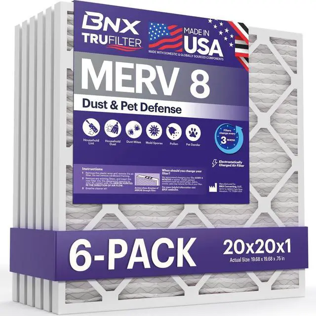 Main image of TruFilter 20x20x1 Air Filter MERV 8 (6-Pack) - MADE IN USA Dust & Pet Defense Electrostatic Pleated Air Conditioner HVAC AC Furnace Filters for Dust, Pet, Mold, Pollen MPR 600 700 & FPR 5