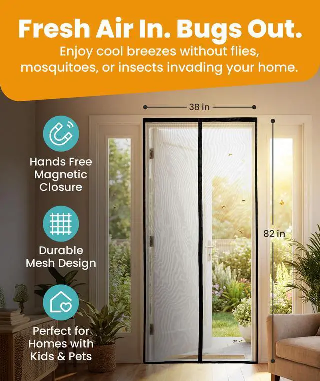 Alt view image 2 of 7 - Magnetic Screen Door - Bugs Out, Breeze in - 9min Install Auto-Sealing Heavy Duty Double Stitched Mesh, 52 Magnets, Hands Free Sliding & Patio Doors Net, Pet & Kid Friendly, 38 x 82 Inch