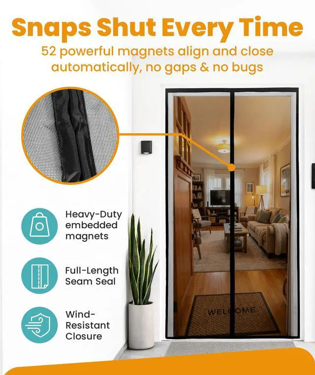 Alt view image 3 of 7 - Magnetic Screen Door - Bugs Out, Breeze in - 9min Install Auto-Sealing Heavy Duty Double Stitched Mesh, 52 Magnets, Hands Free Sliding & Patio Doors Net, Pet & Kid Friendly, 38 x 82 Inch