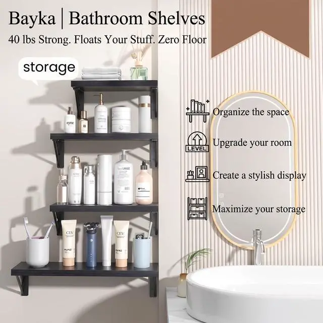 Alt view image 2 of 7 - Wall Mounted Floating Bathroom Shelves, Wood Wall Shelf for Bathroom Essentials & Decor, Space-Saving Display & Organizer (Black, Set of 4)