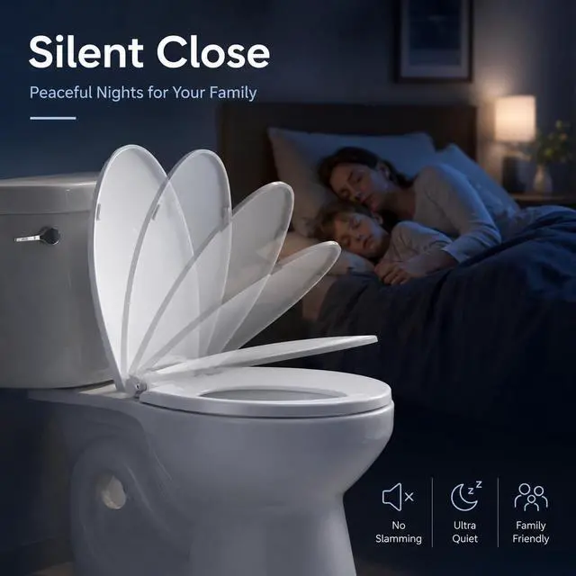 Alt view image 2 of 7 - Elongated Toilet Seat, Slow Close, White Plastic, Never Loosen, 18.5 | Easy Installation, Easy Cleaning, Non-Slip Bumpers, Quiet Operation, Fits Most Elongated Toilets